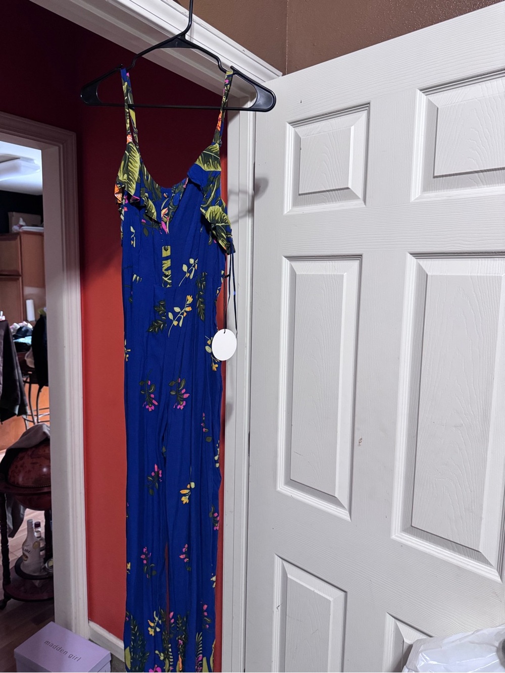 Women's Blue Floral Jumpsuit with Ruffle Neckline